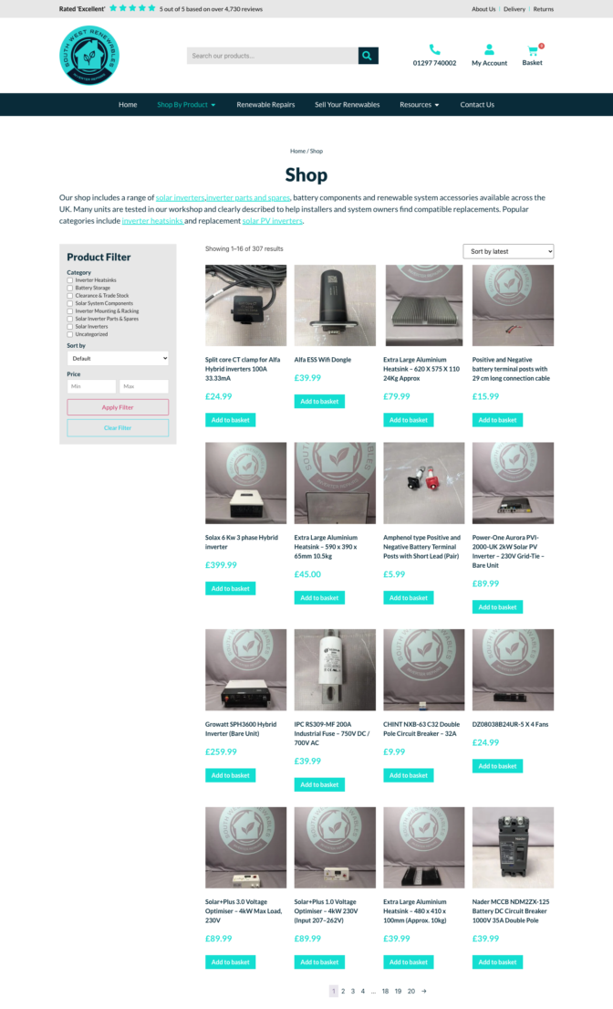 South West Renewables E-commerce website